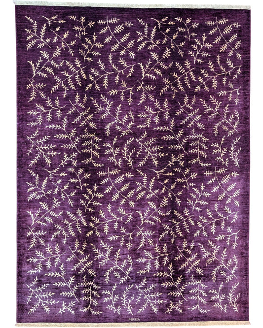 Tappeto moderno 237x177 cm con fondo viola e motivi floreali ramificati in avorio, annodato a mano in lana e cotone, provenienza Persia.