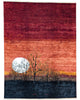 Tappeto moderno 237x180 cm Persia con design tramonto e alberi stilizzati, fondo rosso e arancio sfumato, annodato a mano in lana e cotone.