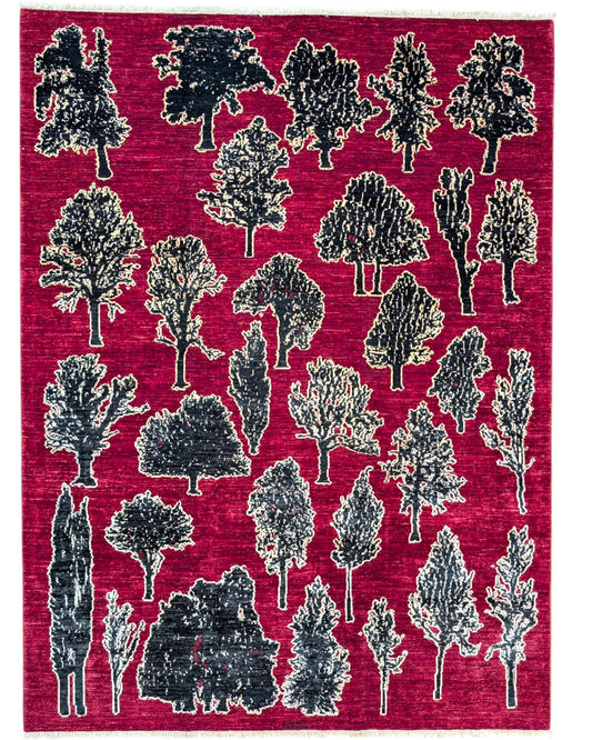 Tappeto moderno 238x178 cm Persia con alberi stilizzati neri e avorio su fondo rosso intenso. Annodato a mano in lana naturale.