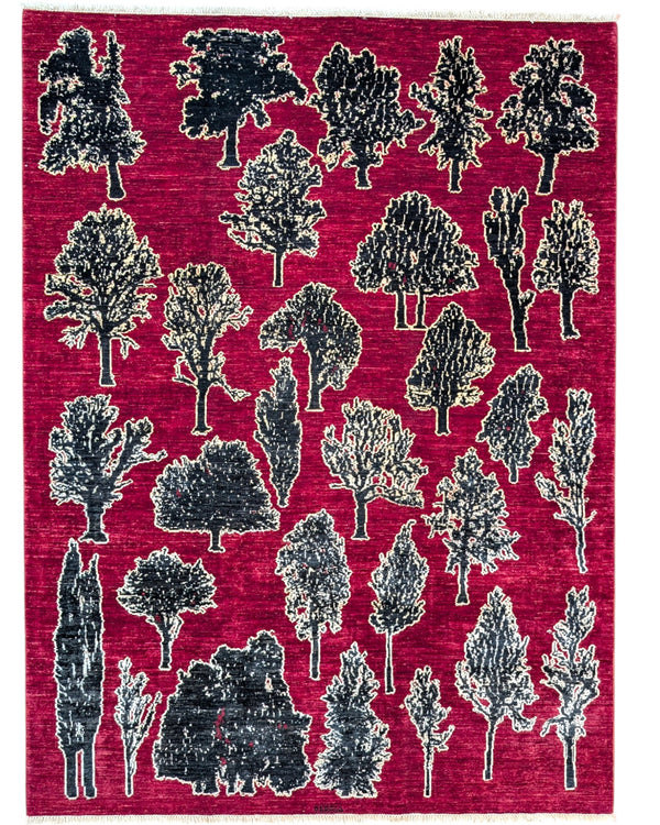Tappeto moderno 238x178 cm Persia con alberi stilizzati neri e avorio su fondo rosso intenso. Annodato a mano in lana naturale.