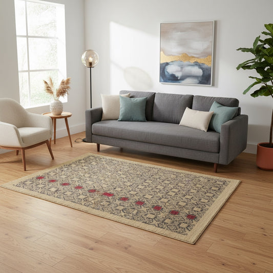 Tappeto moderno 240x180cm persiano con fondo beige, motivi geometrici neri e inserti rossi.
