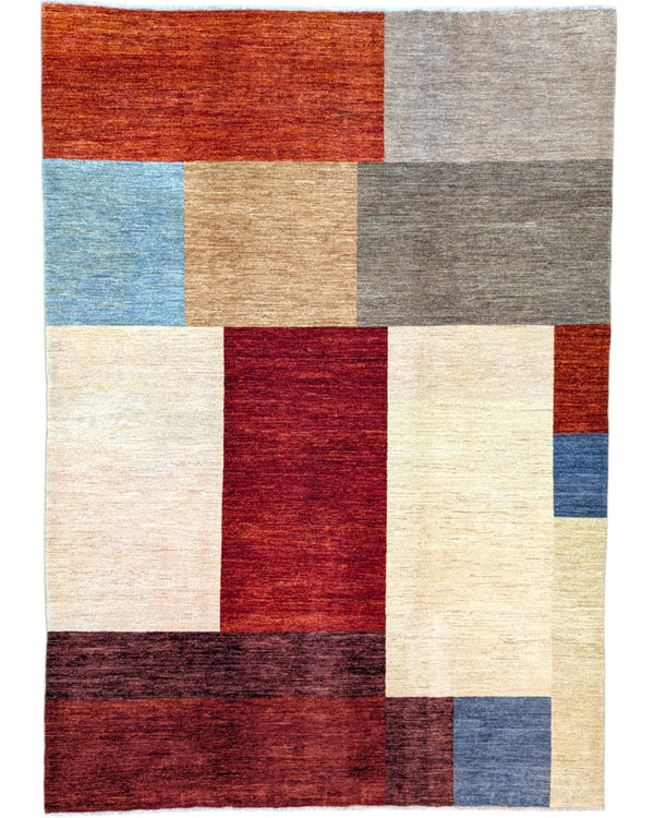 Tappeto moderno 274x195 cm con blocchi geometrici multicolore, rosso, grigio, beige e blu, tramato ed annodato a mano, provenienza Afghanistan.