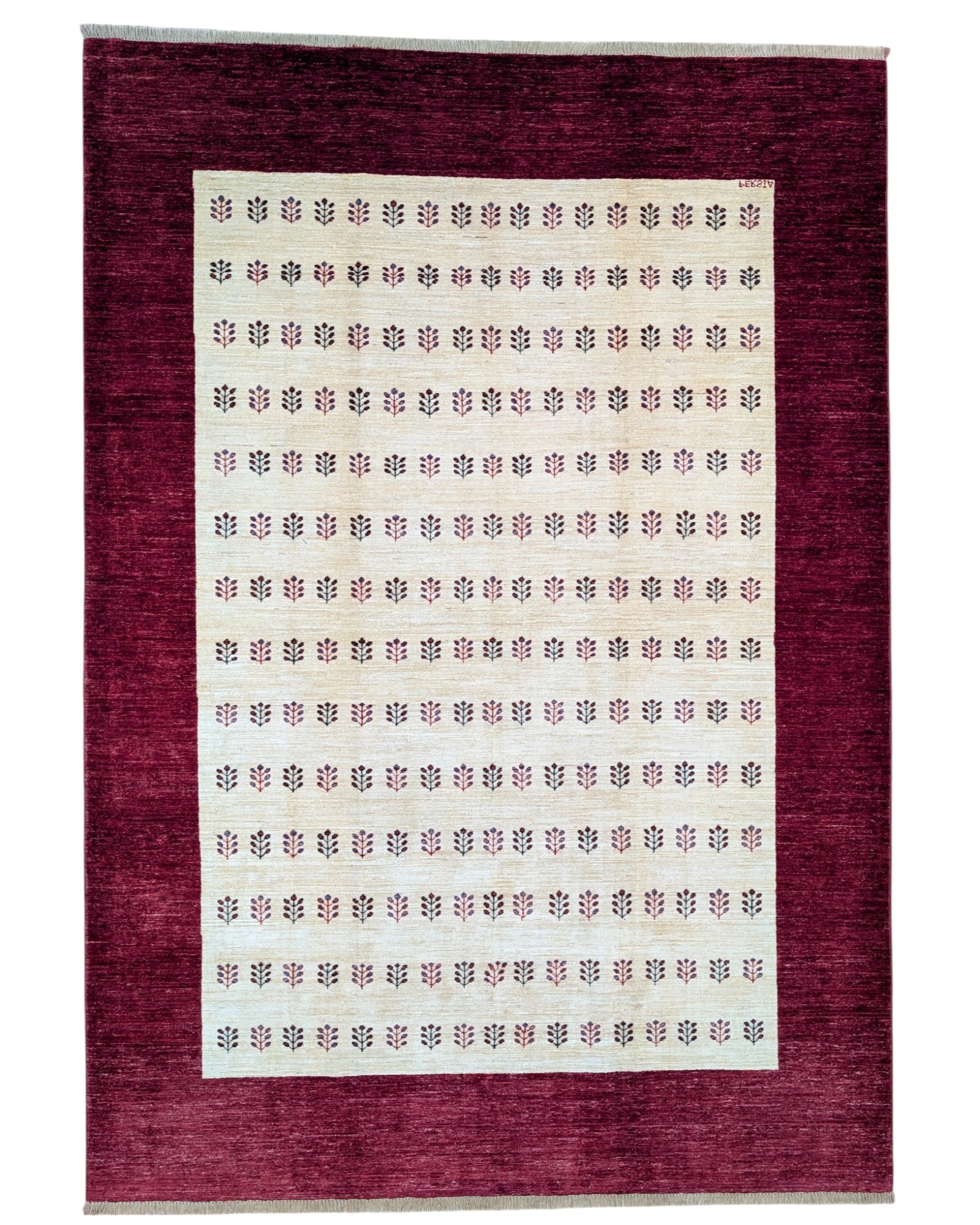 Tappeto moderno 278x197 cm Persia con bordo bordeaux e pannello centrale avorio a motivi geometrici, annodato a mano in lana naturale.
