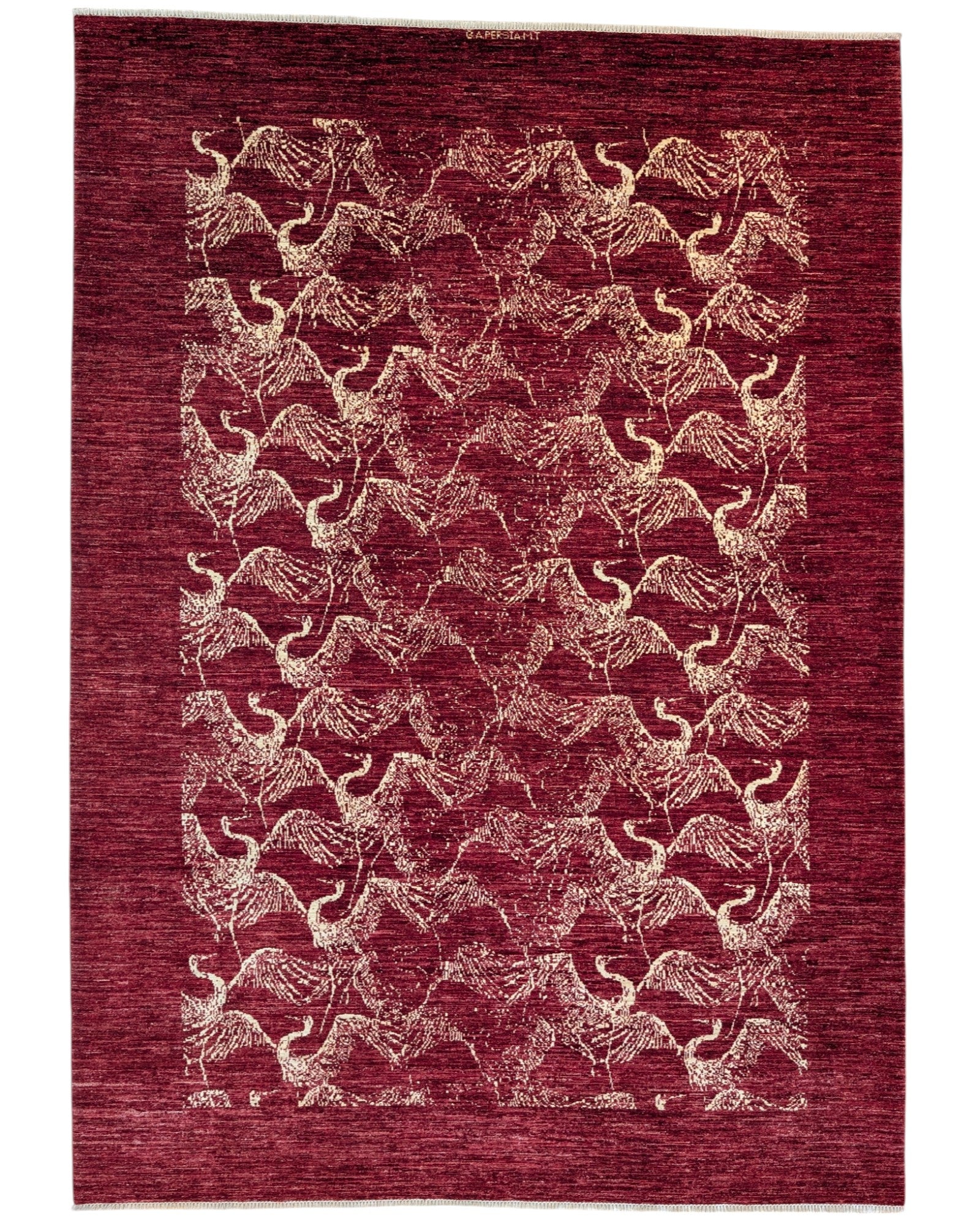 Tappeto moderno 290x206 cm Persia, fondo bordeaux con motivi di cavalli stilizzati in avorio, annodato a mano.
