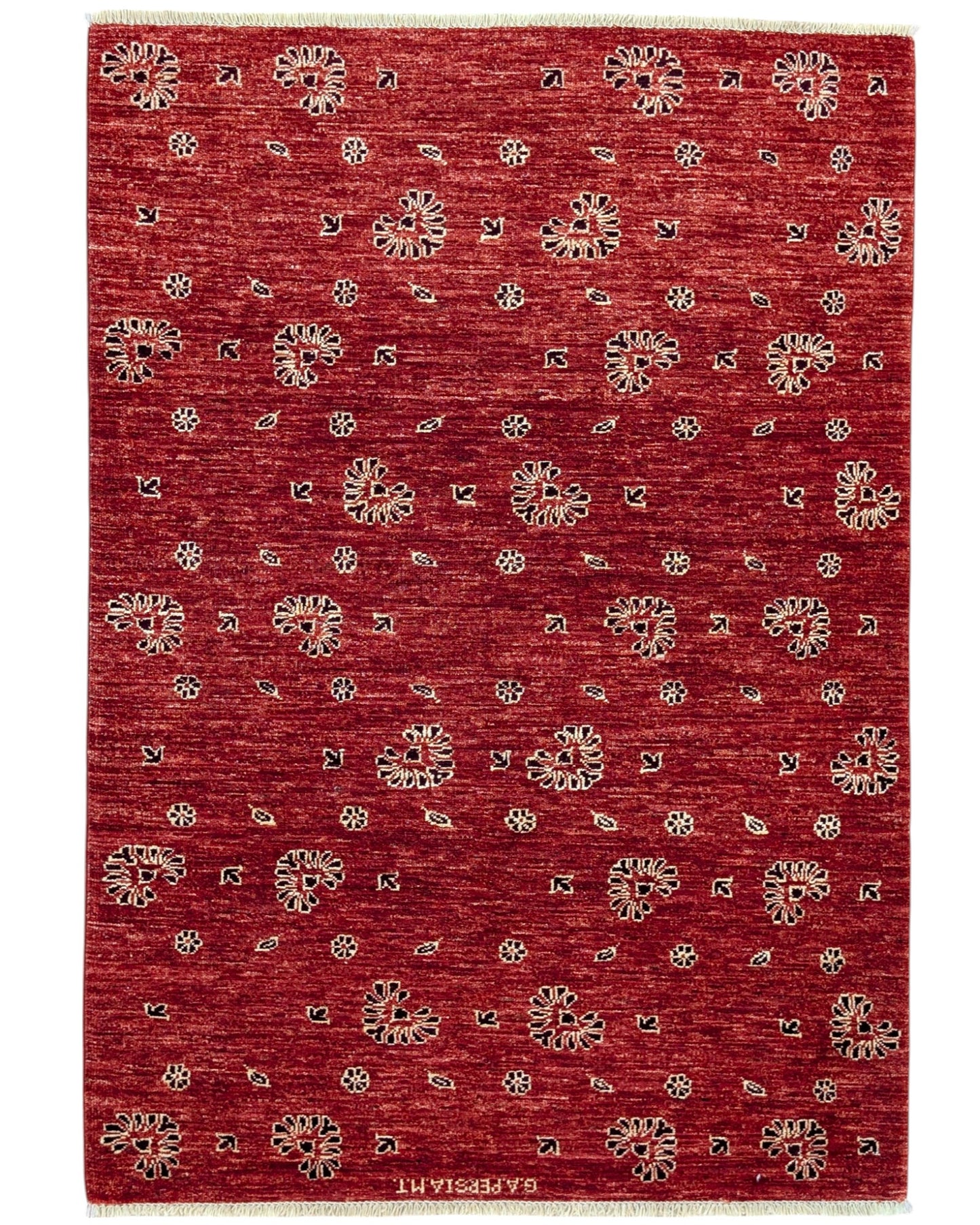 Tappeto moderno “Eco di Fiori” 158x112 cm di Dario, annodato a mano, motivo floreale stilizzato in beige su fondo rosso mattone, lana e cotone, pezzo unico certificato.