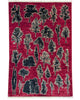 Tappeto moderno “Foresta di Rubini” 146x100 cm di Dario, annodato a mano, con alberi stilizzati su fondo rosso rubino, lana e cotone, pezzo unico certificato.