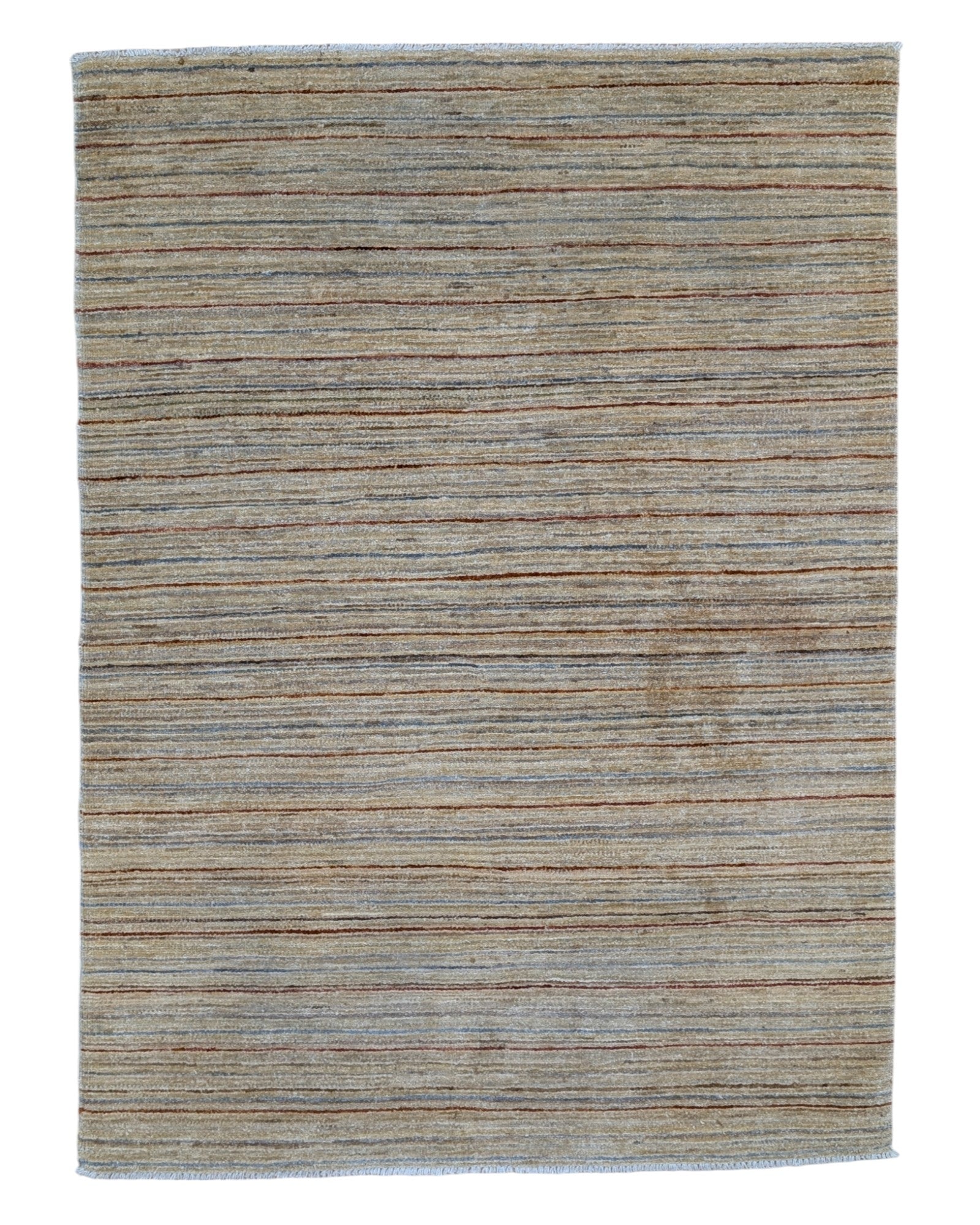 Tappeto moderno a righe verticali 173x127 cm, annodato a mano in Afghanistan, motivo sobrio in colori tenui e naturali, lana tinta vegetale, certificato incluso.