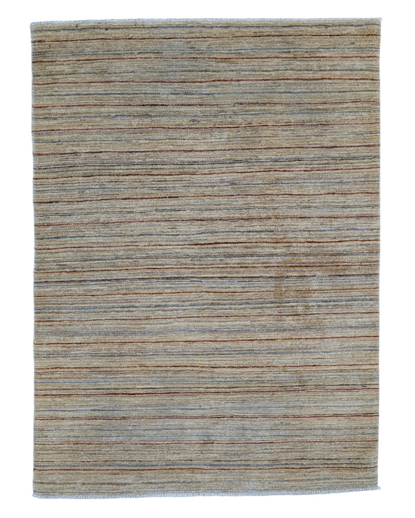 Tappeto moderno a righe verticali 173x127 cm, annodato a mano in Afghanistan, motivo sobrio in colori tenui e naturali, lana tinta vegetale, certificato incluso.