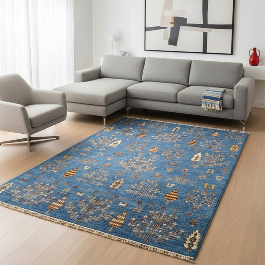 "Tappeto moderno blu con motivi Gabbeh stilizzati in oro, crema e rosso, annodato a mano, 300x200 cm."