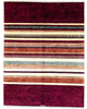 Tappeto moderno persiano, multicolore con strisce verticali su fondo rosso, annodato a mano, 197x153 cm.