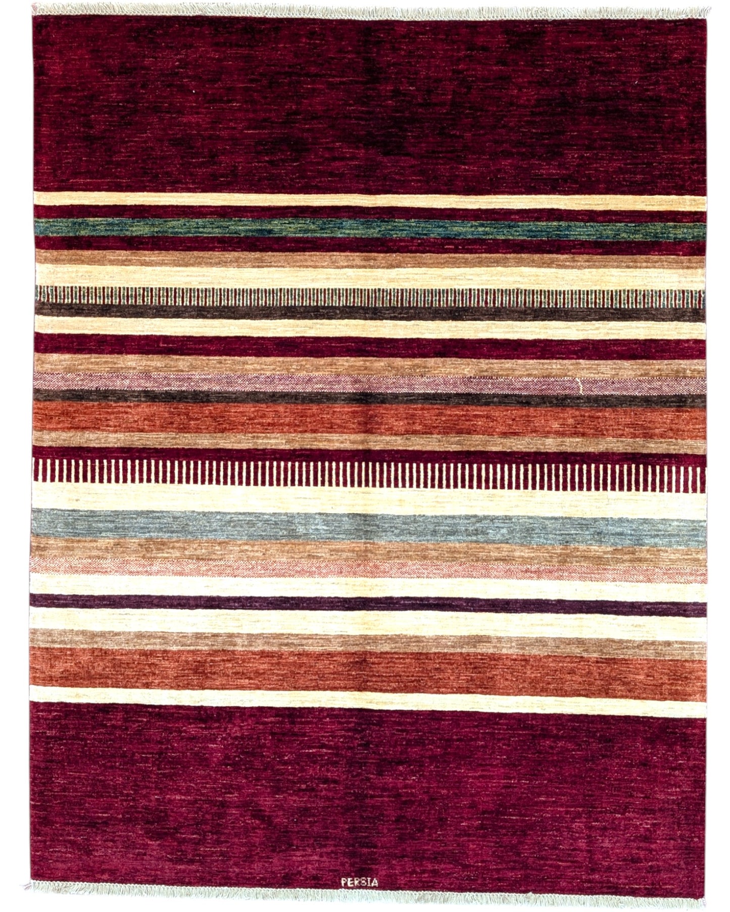 Tappeto moderno persiano, multicolore con strisce verticali su fondo rosso, annodato a mano, 197x153 cm.