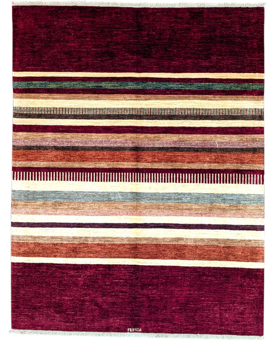 Tappeto moderno persiano, multicolore con strisce verticali su fondo rosso, annodato a mano, 197x153 cm.