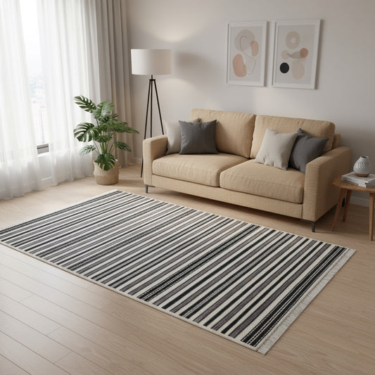 Tappeto moderno rettangolare 195x147 cm, fondo beige con righe verticali color cenere, annodato a mano in lana e cotone con colori vegetali, provenienza Persia.