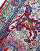 Tappeto persiano Tabriz 60Rag 424x294 cm, fondo rosso e blu con ampio medaglione e cornice verde, annodato a mano in seta e lana vegetale.