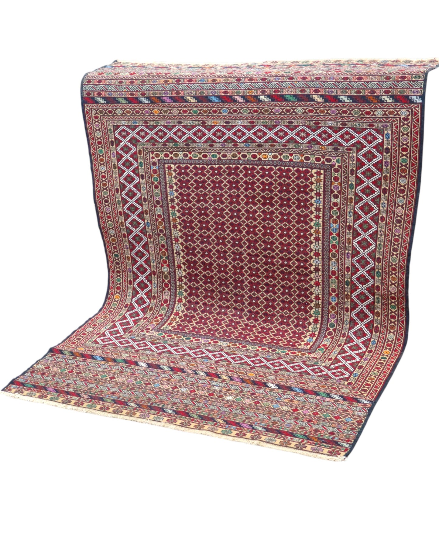 Tappeto Sumakh 184x126 cm con fondo bordeaux e motivi geometrici multicolori, annodato a mano, tradizione caucasica.