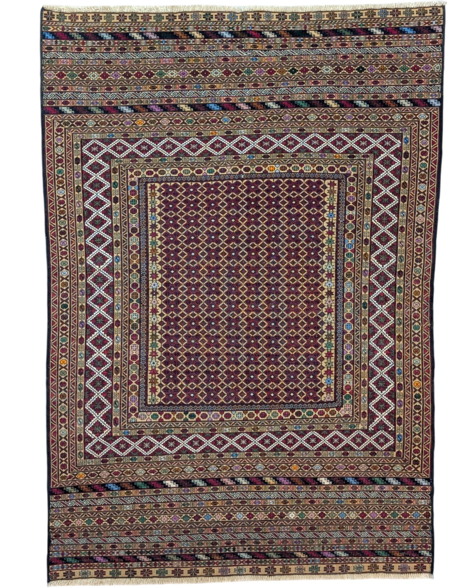 Tappeto Sumakh 184x126 cm con fondo bordeaux e motivi geometrici multicolori, annodato a mano, tradizione caucasica.