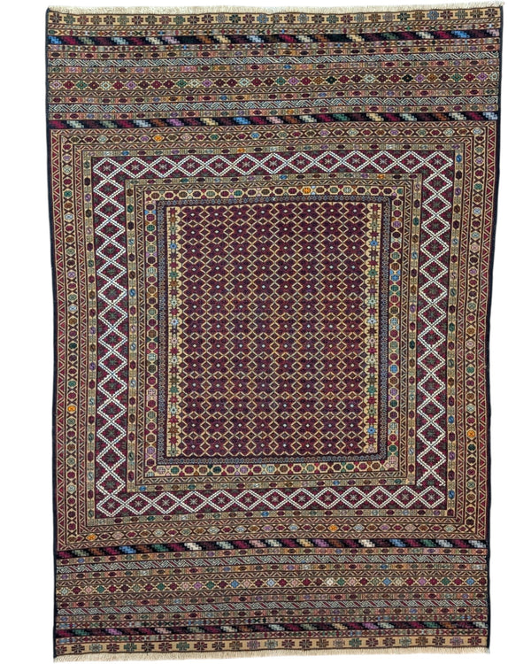 Tappeto Sumakh 184x126 cm con fondo bordeaux e motivi geometrici multicolori, annodato a mano, tradizione caucasica.