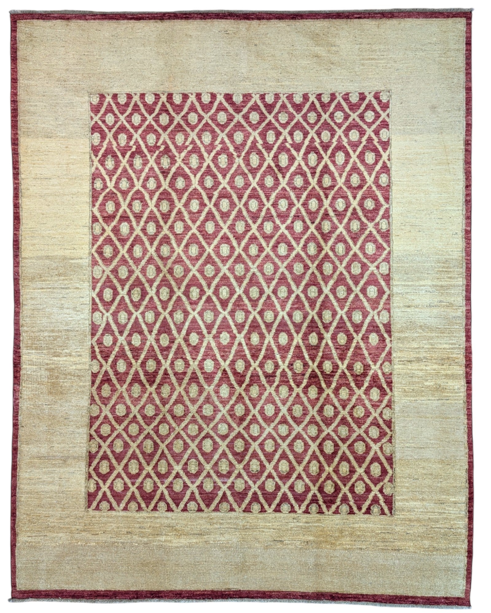 Tappeto moderno afgano, annodato a mano, 240x190 cm, fondo rosso melograno con disegno decorativo.