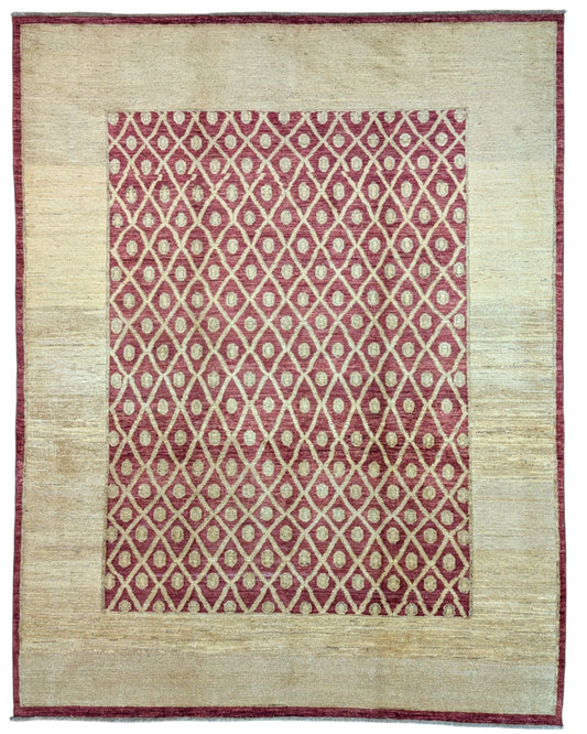 Tappeto moderno afgano, annodato a mano, 240x190 cm, fondo rosso melograno con disegno decorativo.