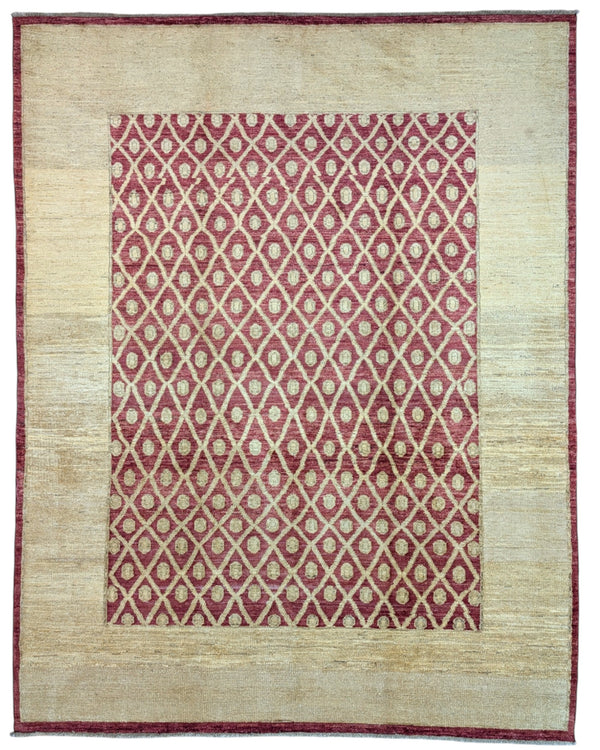 Tappeto moderno afgano, annodato a mano, 240x190 cm, fondo rosso melograno con disegno decorativo.