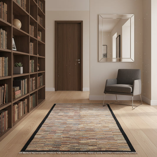 Tappeto Gabbeh moderno 193x101 cm, design astratto a righe beige con cornice blu notte, annodato a mano, certificato di autenticità incluso.