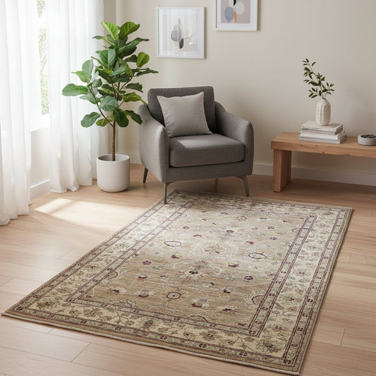 Tappeto Farahan beige con motivi floreali in mattone e grigio chiaro, annodato a mano in Afghanistan con lana e cotone tinti con colori vegetali naturali.