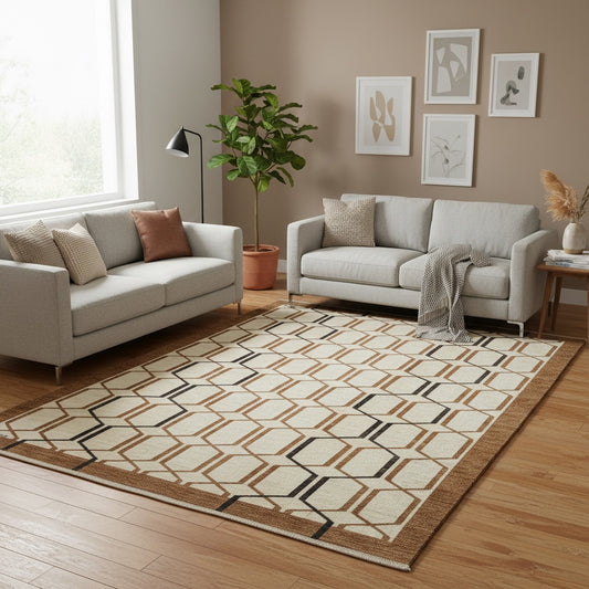 Tappeto Moderno persiano 300x203 cm con fondo beige e motivi geometrici esagonali in marrone e nero, tramato ed annodato a mano.