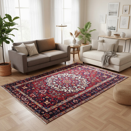 Tappeto Bakhtiyari annodato a mano, 214 x 149 cm, fondo rosso vinaccia con motivi decorativi raffinati.