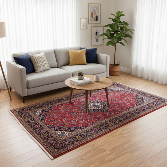 Tappeto Kashan annodato a mano, 230 x 143 cm, fondo rosso con eleganti motivi floreali.