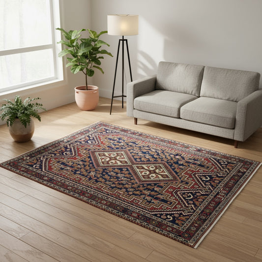 Tappeto Afshar "Pianta di Castello Antico" blu con motivi geometrici, annodato a mano in Persia in lana e cotone tinti con colori vegetali.