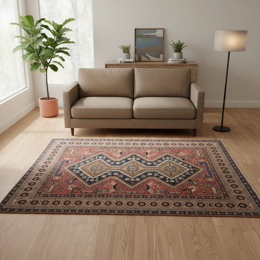 Tappeto Ardebil 193x138 cm, annodato a mano in Persia, fondo rosso con motivi geometrici e animali in blu, beige e verde, lana pregiata e cotone resistente, certificato di autenticità incluso.