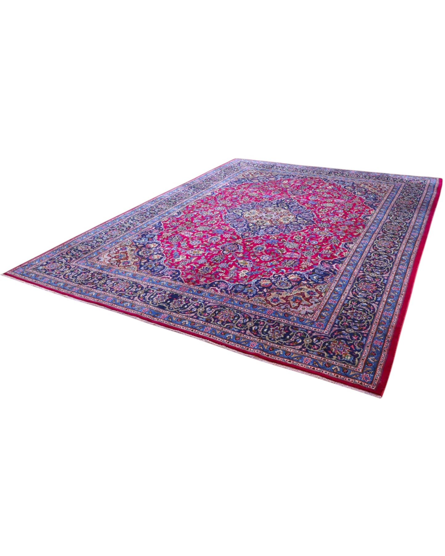 Tappeto persiano Mashhad 408x300 cm, fondo rosso con medaglione centrale e cornice floreale blu e oro, annodato a mano in lana vegetale.