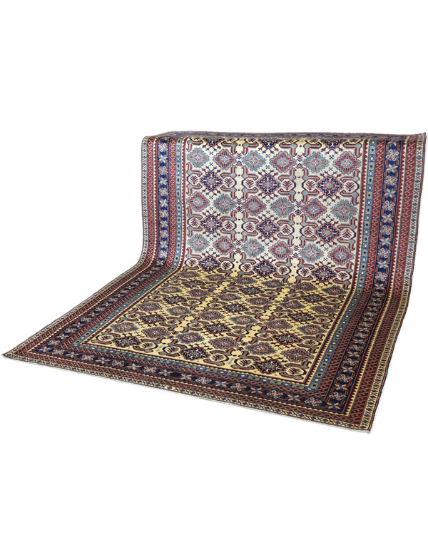 Tappeto Kilim moderno 228x204 cm con fondo chiaro e motivi astratti multicolori, tramato ed annodato a mano, provenienza Afghanistan.