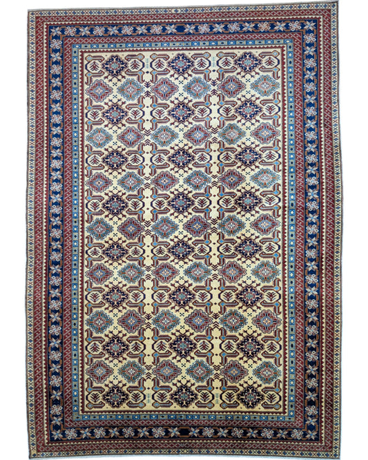 Tappeto Kilim moderno 228x204 cm con fondo chiaro e motivi astratti multicolori, tramato ed annodato a mano, provenienza Afghanistan.