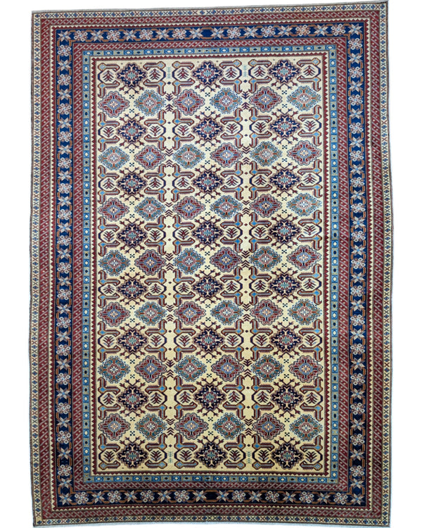 Tappeto Kilim moderno 228x204 cm con fondo chiaro e motivi astratti multicolori, tramato ed annodato a mano, provenienza Afghanistan.