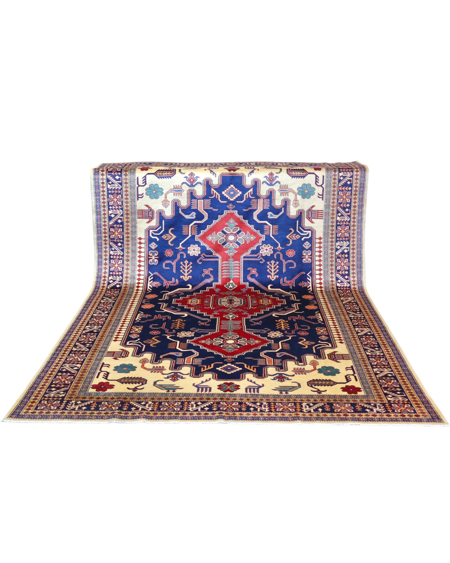 Tappeto Shirvan 317x224 cm con fondo blu, medaglione rosso e dettagli geometrici avorio e giallo, tramato ed annodato a mano, provenienza Caucaso.