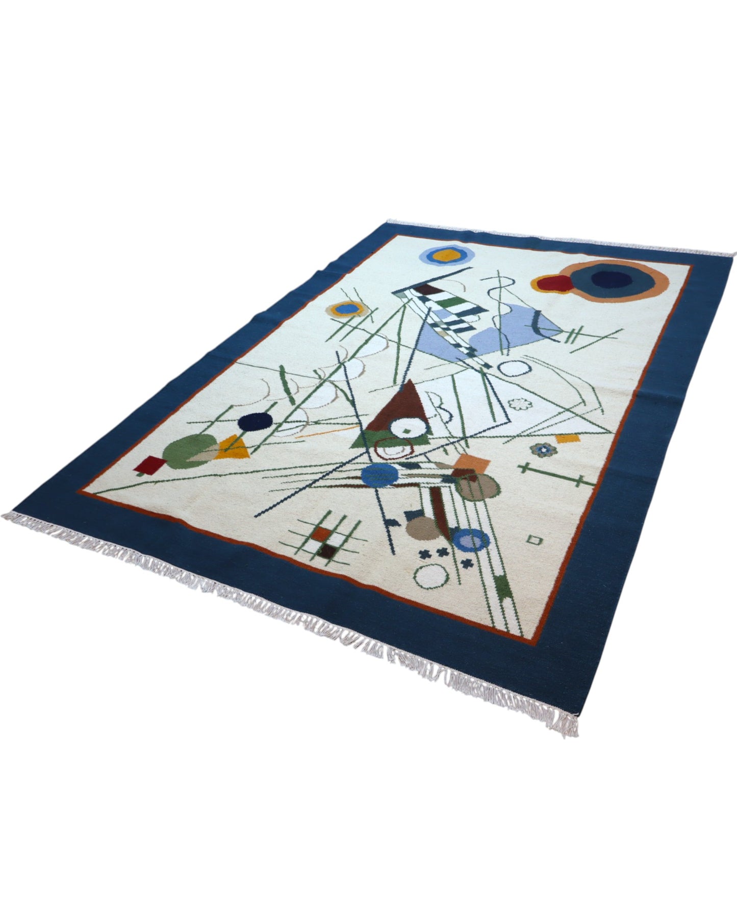 Tappeto Kilim moderno 228x204 cm con fondo chiaro e motivi astratti multicolori, tramato ed annodato a mano, provenienza Afghanistan.