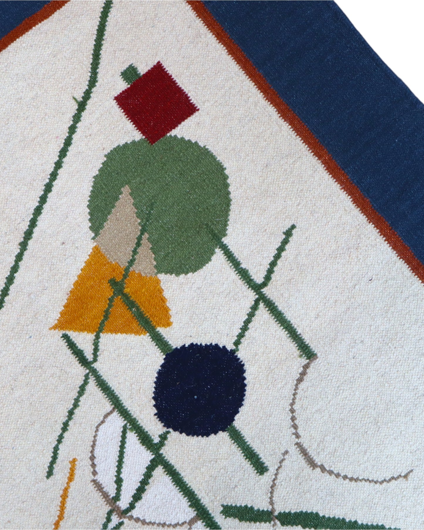 Tappeto Kilim moderno 228x204 cm con fondo chiaro e motivi astratti multicolori, tramato ed annodato a mano, provenienza Afghanistan.