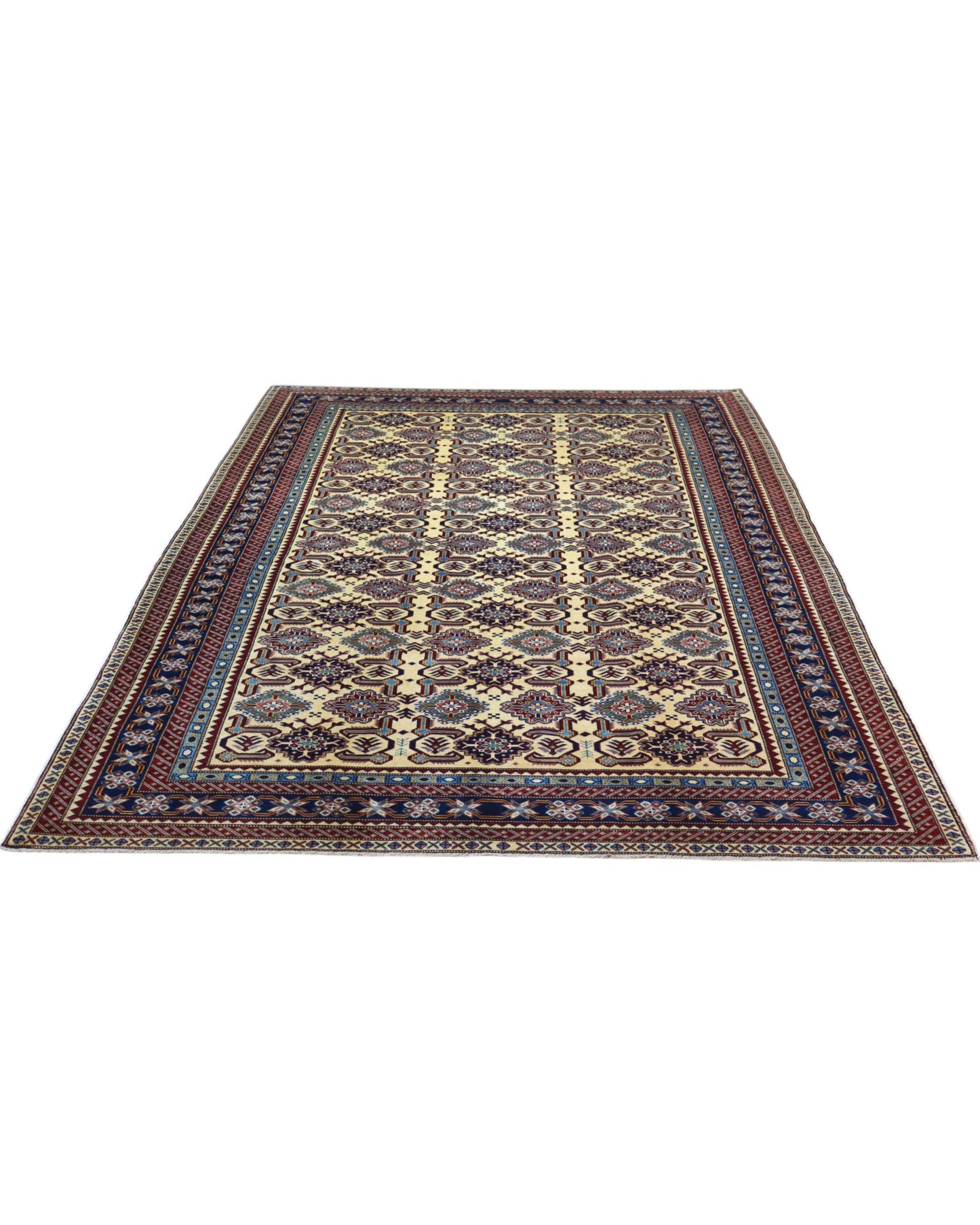 Tappeto Kilim moderno 228x204 cm con fondo chiaro e motivi astratti multicolori, tramato ed annodato a mano, provenienza Afghanistan.