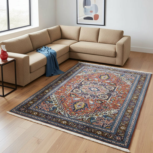 Tappeto Ardebil 280x193 cm, fondo rosso con medaglione e motivi geometrici blu, avorio e verde, annodato a mano, certificato incluso.