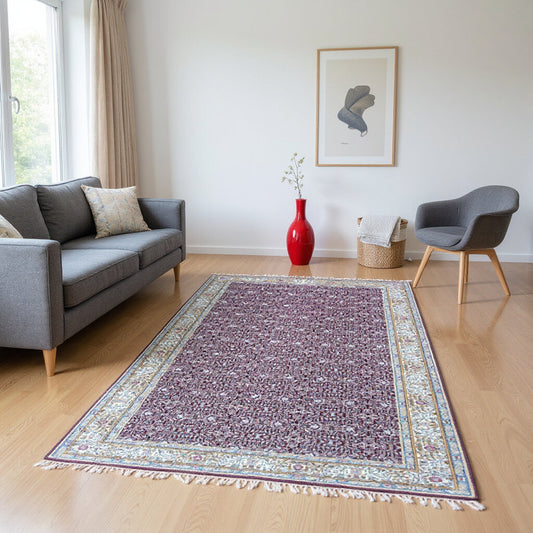 Tappeto Kaisari turco 294x204 cm, fondo bordeaux con motivo floreale fitto e bordura avorio e azzurro, annodato a mano.