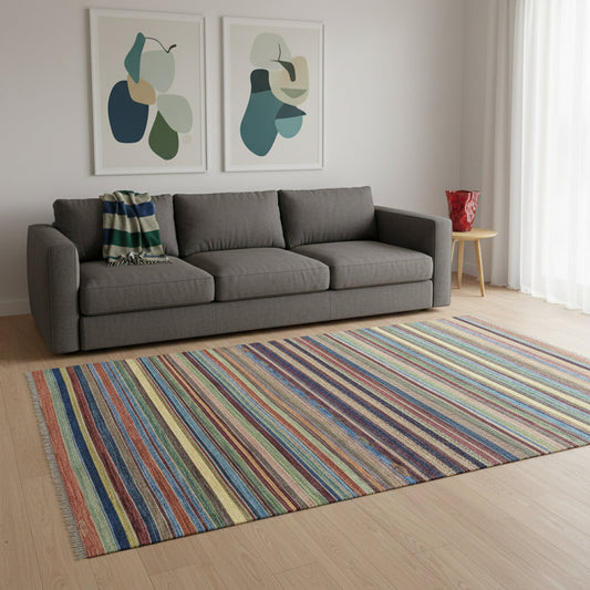 Tappeto moderno 240x186 cm a strisce multicolore, annodato a mano in Afghanistan con cotone resistente e lana vegetale. Certificato di autenticità incluso.