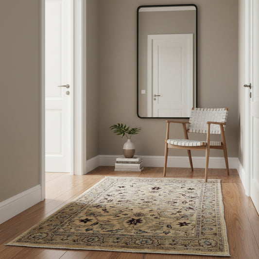 Tappeto Ziegler 182x125 cm con fondo beige e motivi floreali marroni e azzurri, tramato ed annodato a mano, provenienza Afghanistan.