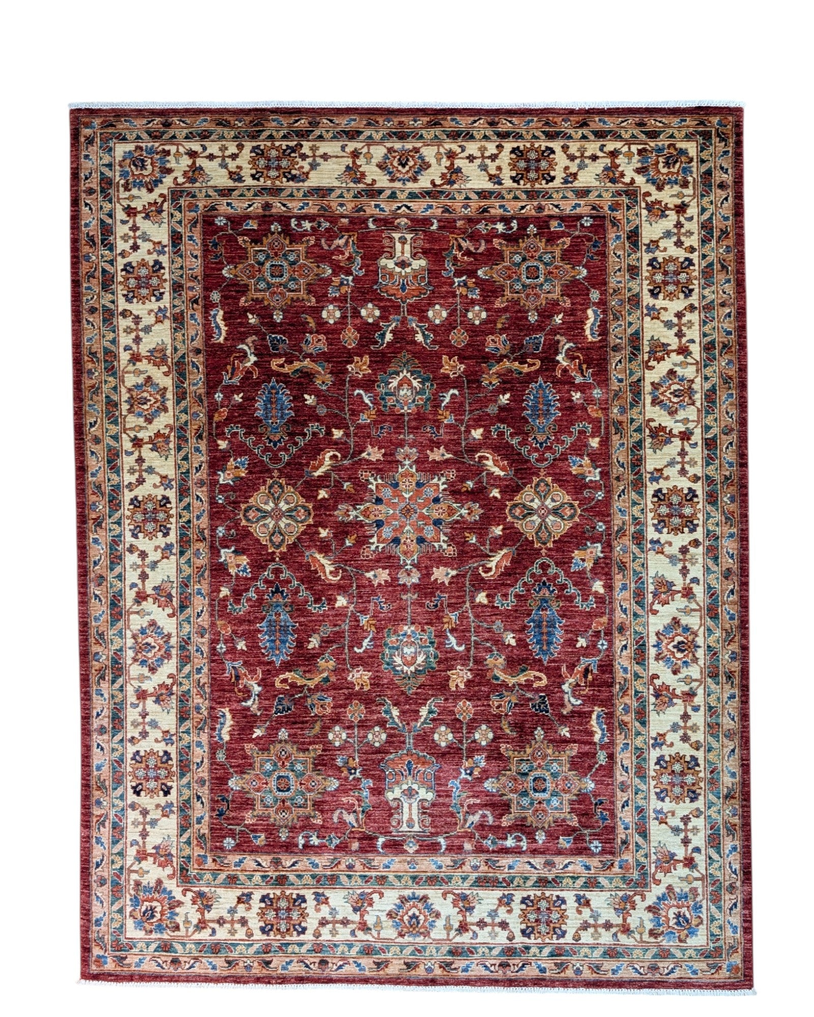 Tappeto Farahan 240x180 cm con fondo rosso rubino, motivi floreali variopinti con accenti verde smeraldo e cornice beige