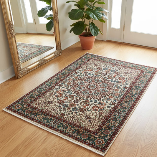 Tappeto Transilvania 180x130 cm annodato a mano, rettangolare, in lana e cotone, fondo avorio con medaglione centrale marrone e motivi floreali in verde, azzurro e rosso.