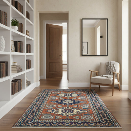 Tappeto Ardabil persiano annodato a mano 183x138 cm in pura lana con colori vegetali, motivo geometrico centrale, rosso mattone beige e blu, autentico tappeto orientale con certificato.