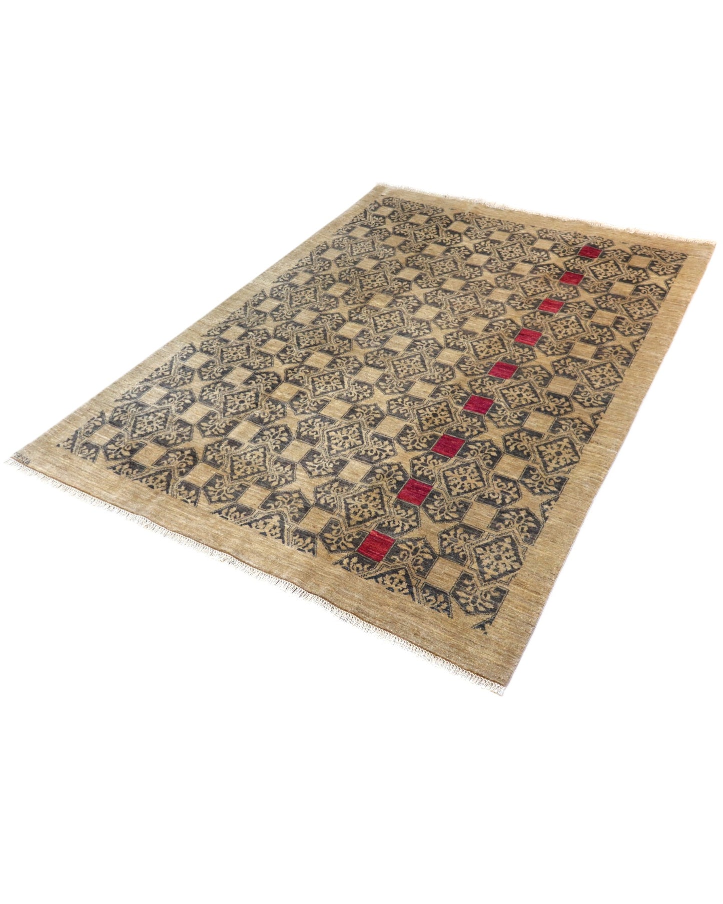 Tappeto moderno 240x180cm persiano con fondo beige, motivi geometrici neri e inserti rossi.