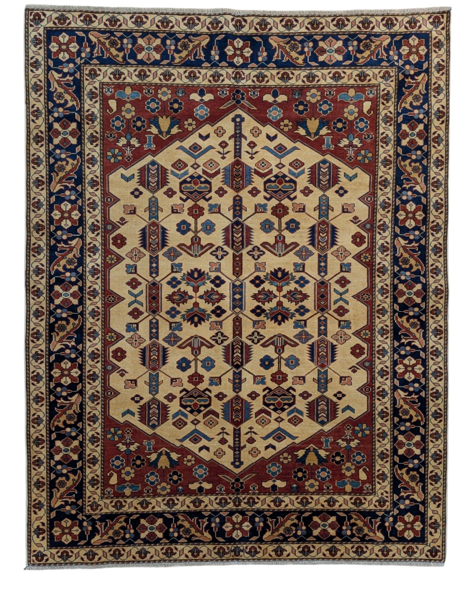Tappeto Shirvan 189x146 cm, annodato a mano in Afghanistan, fondo mattone con medaglione esagonale in blu e ocra, lana pregiata e cotone resistente, certificato di autenticità incluso.