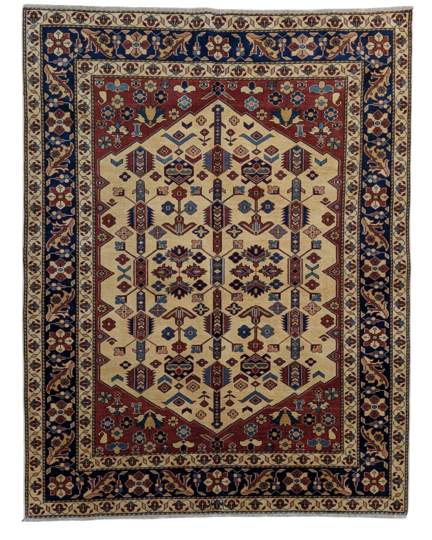 Tappeto Shirvan 189x146 cm, annodato a mano in Afghanistan, fondo mattone con medaglione esagonale in blu e ocra, lana pregiata e cotone resistente, certificato di autenticità incluso.