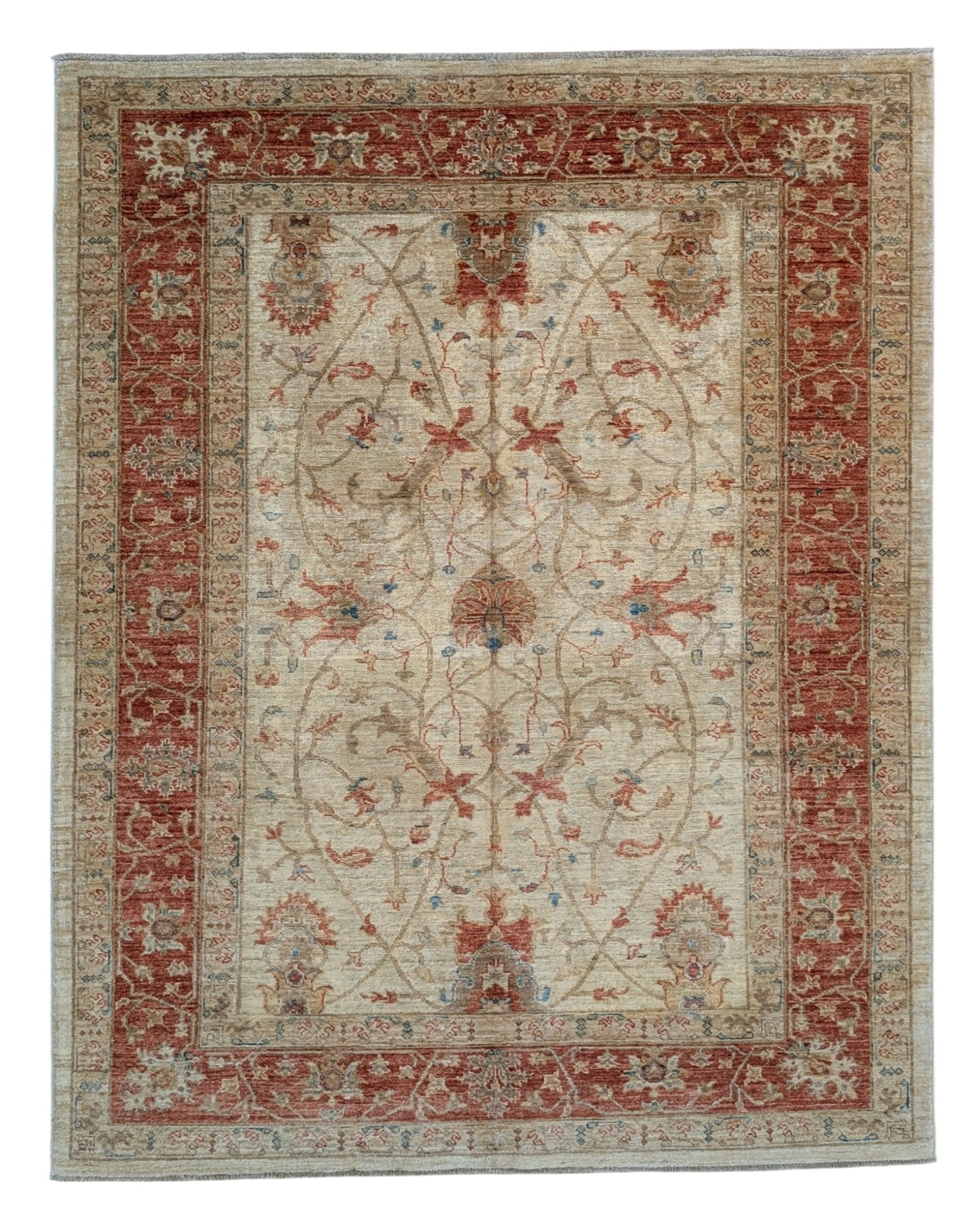 Tappeto Ziegler Farahan 191x153cm annodato a mano con campo beige e bordura rosso mattone decorata da motivi floreali.